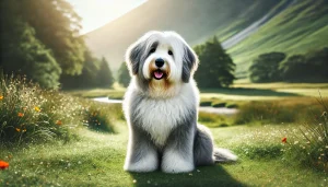 A playful Old English Sheepdog in a natural outdoor setting.