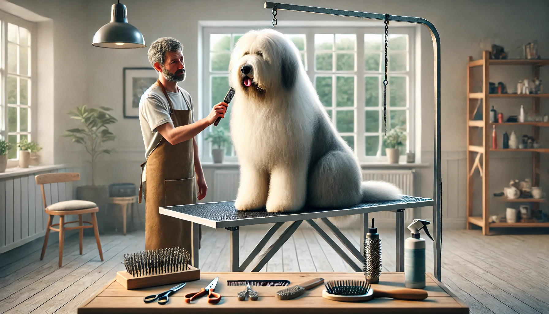 an Old English Sheepdog being groomed in a calm home setting.