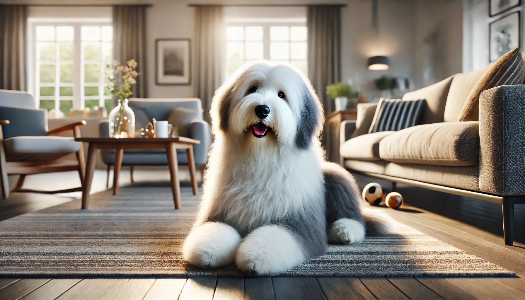 A happy Old English Sheepdog in a cozy home environment.