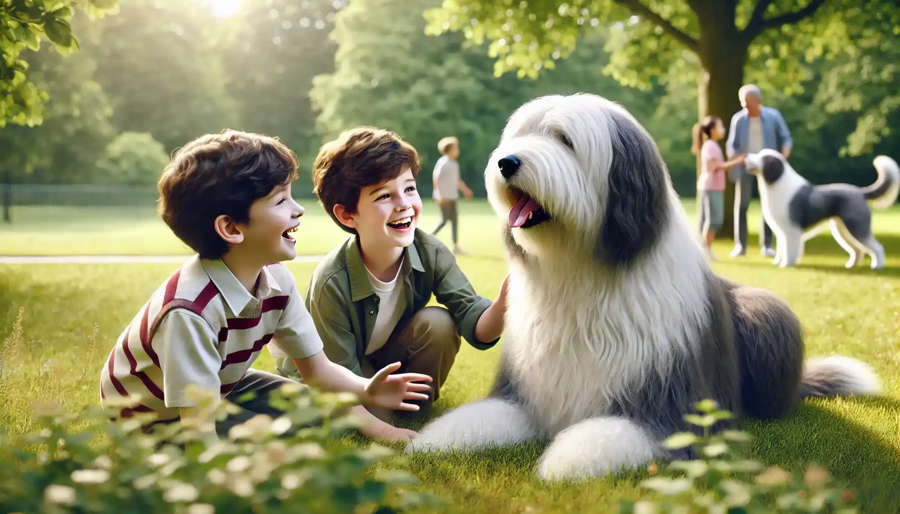 An Old English Sheepdog with two children is playing in a park. 