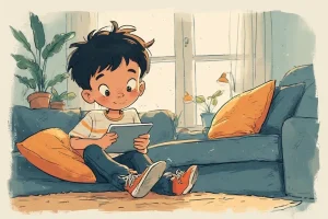 A boy is playing on a tablet