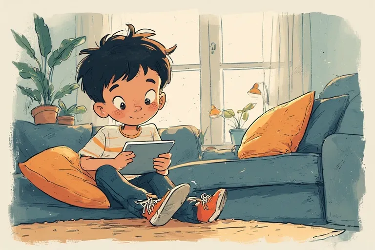 A boy is playing on a tablet