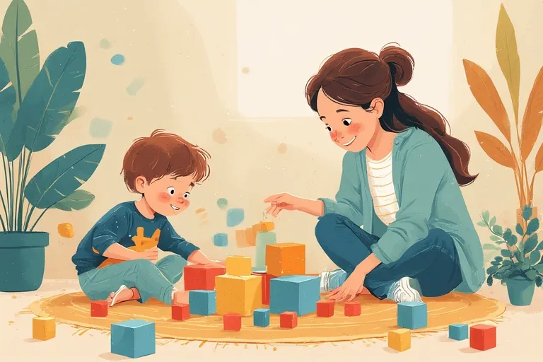 
Alt: A boy and his mother are playing with colored cubes while sitting on the carpet 